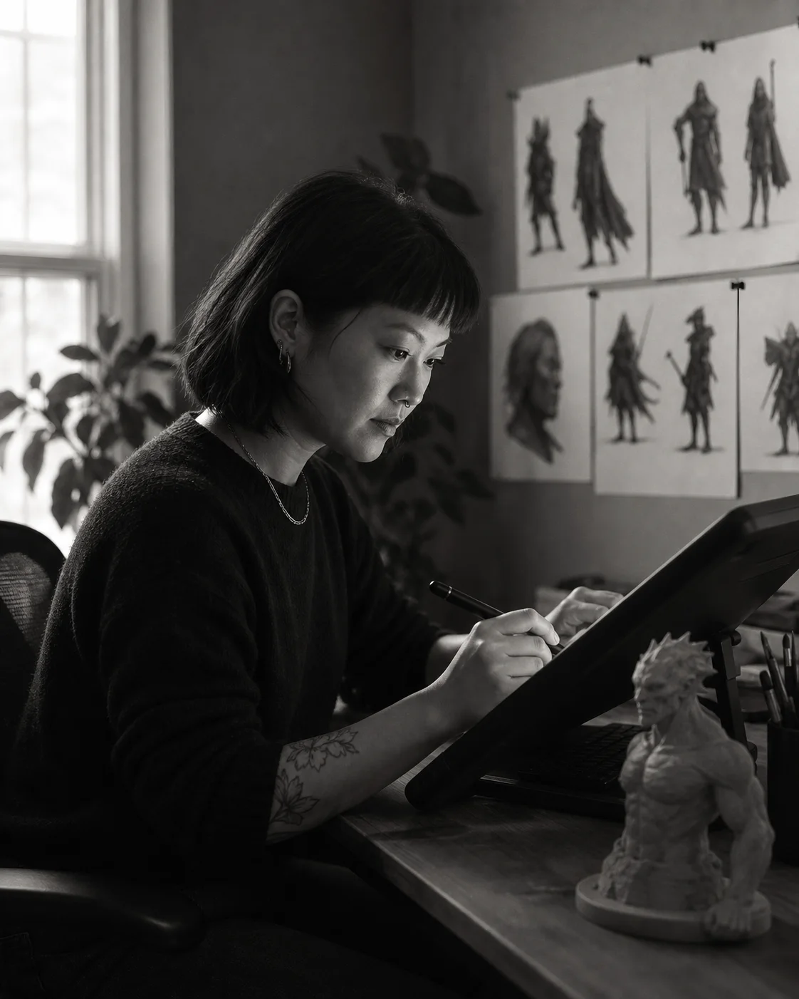 Character artist drawing at a pen display in a home studio