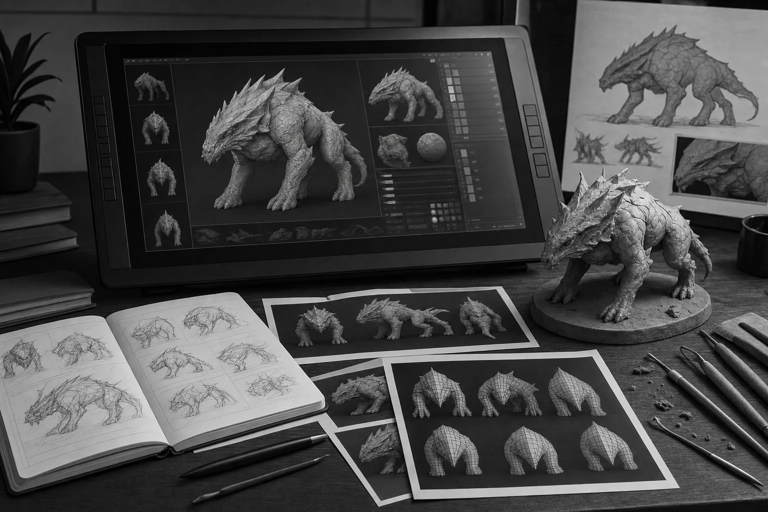 Creature sculpt shown with sketches, wireframes, and a physical maquette