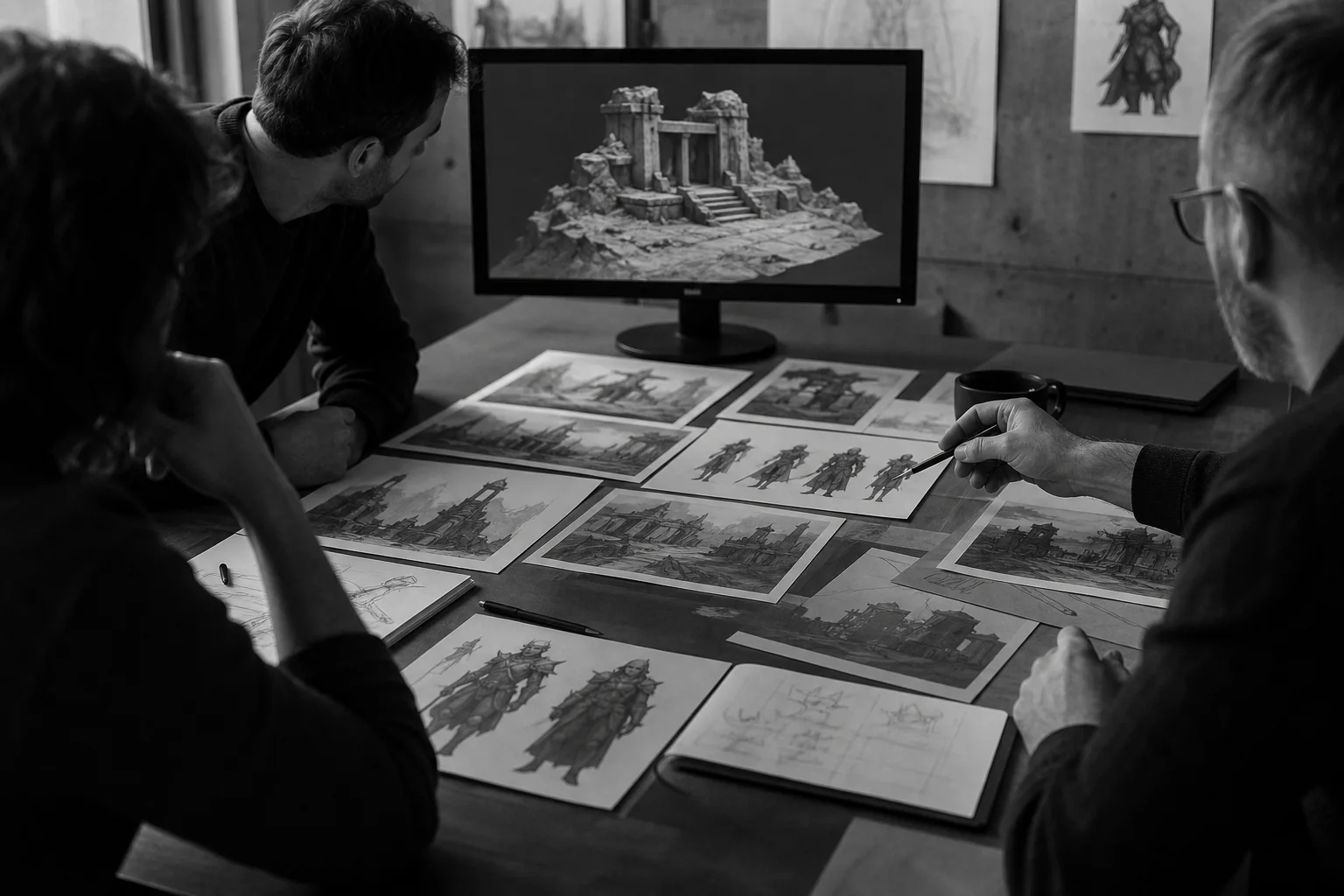 Three senior artists reviewing anonymous game-art test work